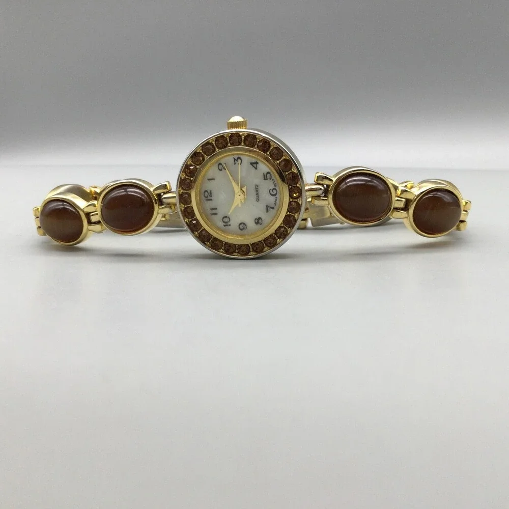 Brown Gemstone Womens Watch 22mm MOP Dial Gold Tone Bracelet New Battery 7.25